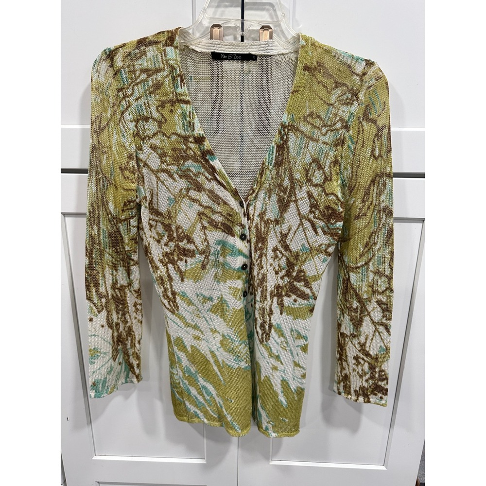 Nie Zoe Knit Abstract Print Cardigan Sweater Women's Size‎ Small Green Brown